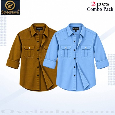2 Pcs Combo Premium Quality Double Pocket Shirt - Banson & Sky Blue. - 1558