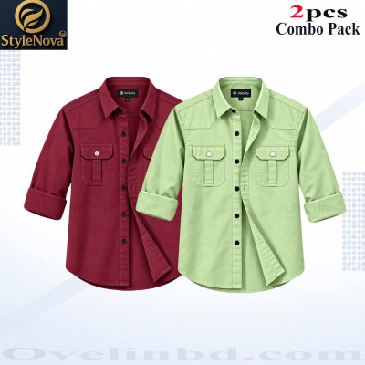2 Pcs Combo Premium Quality Double Pocket Shirt - Maroon & Lemon. - 1556