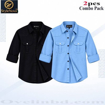 2 Pcs Combo Premium Quality Double Pocket Shirt - Black & Sky Blue. - 1573