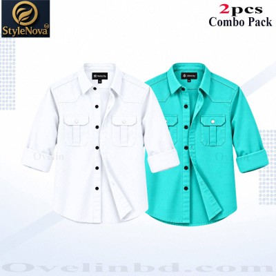 2 Pcs Combo Premium Quality Double Pocket Shirt - Pest & White.