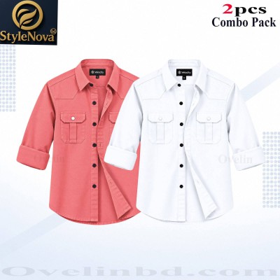 2 Pcs Combo Premium Quality Double Pocket Shirt - White & Pink. - 1561